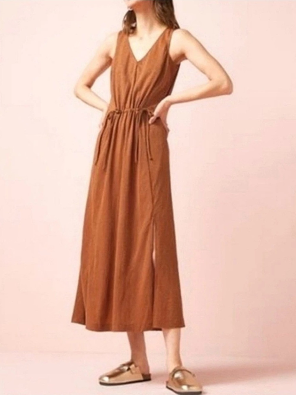 🍄‍🟫Athleta Sleeveless V-Neck Drawstring Maxi Dress - Rust Brown🐻